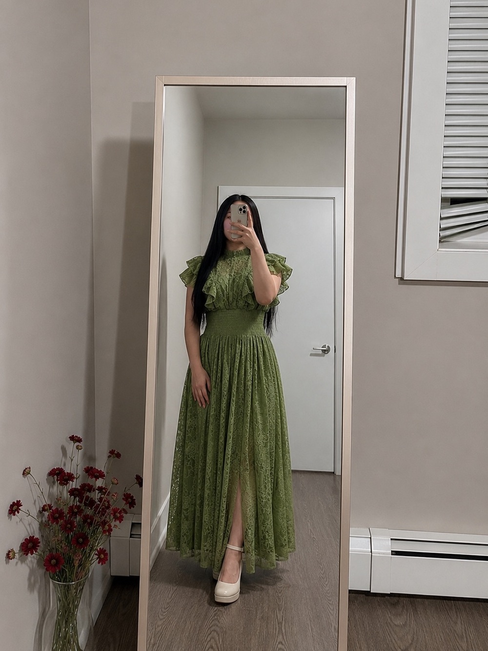 Olive Green Lace Ruffle Maxi Dress with Smocked Waist